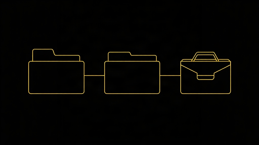 Ilustração editorial horizontal em fundo preto com formas abstratas douradas independentes, incluindo estruturas arredondadas e superfícies geométricas.