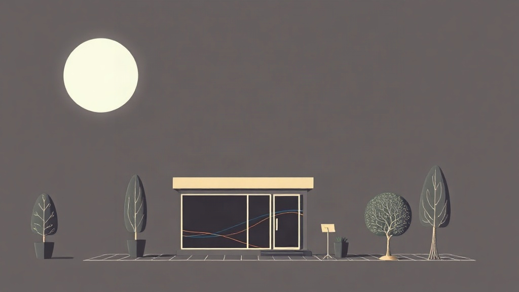 Ilustração de uma fachada de loja envidraçada, com árvores e lua ao fundo.